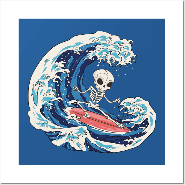 Cool Surfing Skeleton Riding a Great Wave Wall Art by SLAG_Creative